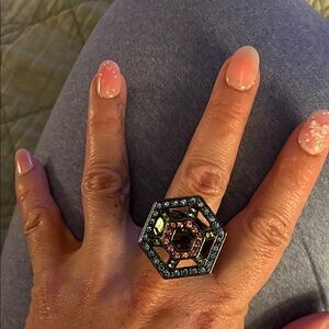 Hexagonal Multicolor Crystal Statement Ring - Pink & Blue